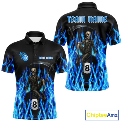 Men's billiard team wearing Flaming Skull 8 Ball custom billiard uniforms, personalized pool team jerseys