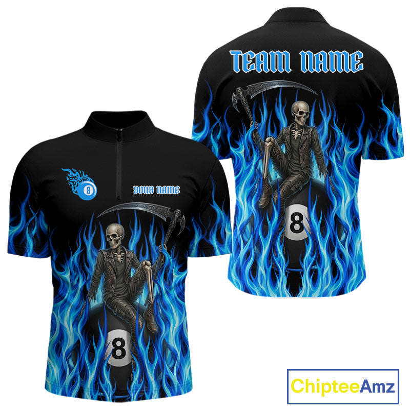 Blue Grim Reaper men's quarter zip billiard shirt custom flame pool team jersey, tournament cue sports uniform