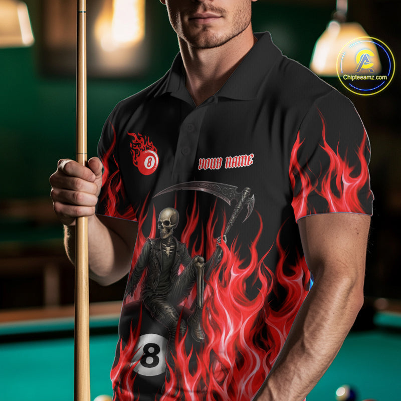 Male billiards player wearing Red Grim Reaper flame billiard jersey during tournament and league play