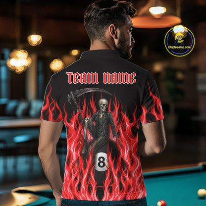 Male billiards player wearing Red Grim Reaper flame billiard jersey during tournament and league play