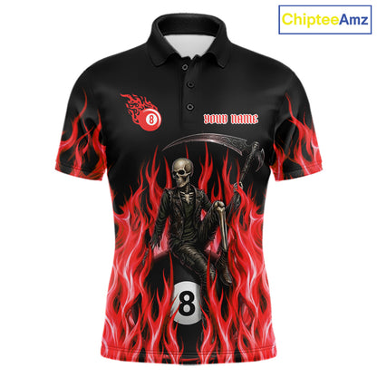 Red Grim Reaper men's billiard polo shirt custom fire flame pool jersey, personalized billiards team apparel
