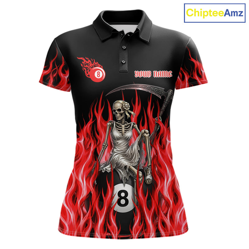 Red Grim Reaper women's billiard polo shirt custom fire flame pool jersey, personalized billiards team apparel