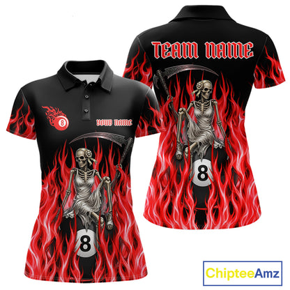 Red Grim Reaper women's billiard polo shirt custom fire flame pool jersey, personalized billiards team apparel