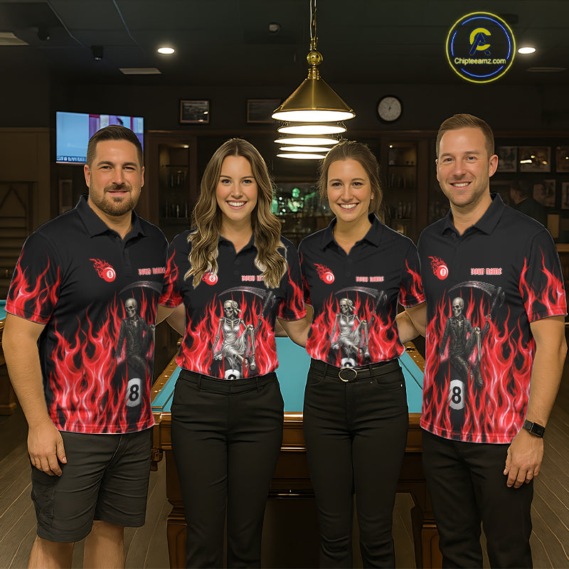Men women billiard team wearing Red Grim Reaper custom billiard uniforms, personalized pool team jerseys