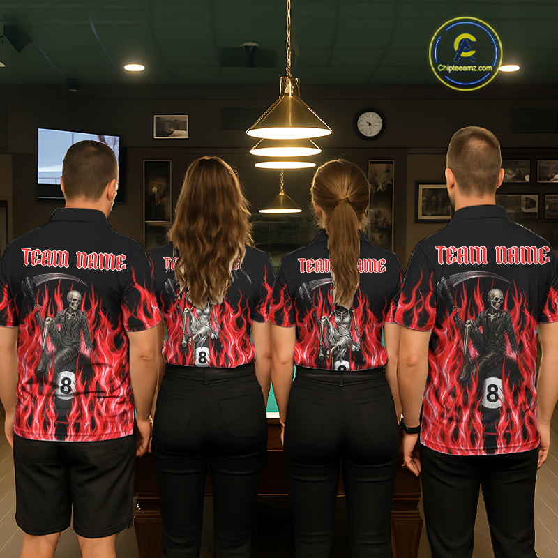 Men women billiard team wearing Red Grim Reaper custom billiard uniforms, personalized pool team jerseys