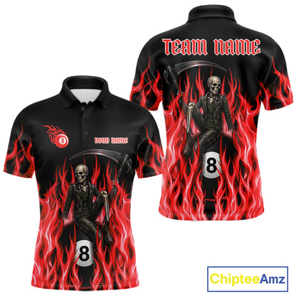 Red Grim Reaper men's billiard polo shirt custom fire flame pool jersey, personalized billiards team apparel
