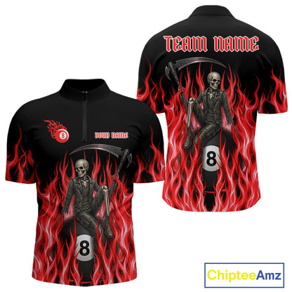 Red Grim Reaper men's quarter zip billiard shirt custom flame team jersey, professional cue sports apparel