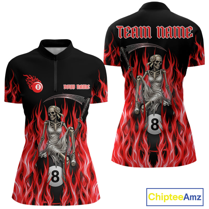 Red Grim Reaper women's quarter zip billiard shirt custom flame team jersey, professional cue sports apparel