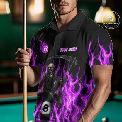 Male pool player wearing Purple Grim Reaper flame billiard jersey during APA league and BCA tournament