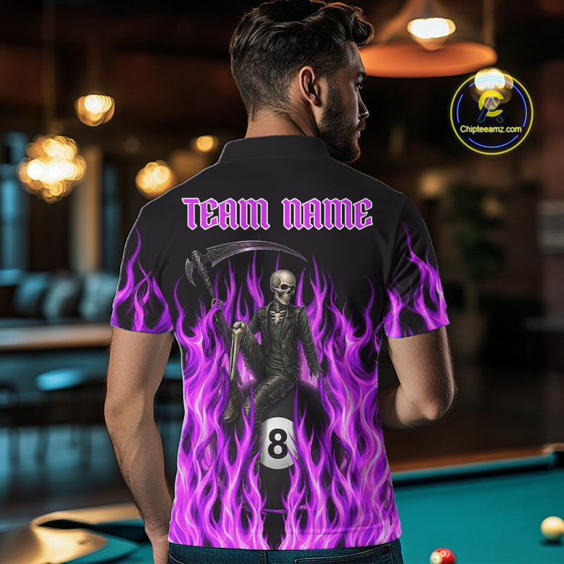 Male pool player wearing Purple Grim Reaper flame billiard jersey during APA league and BCA tournament