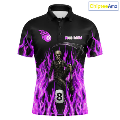 Purple Grim Reaper men's billiard polo shirt custom fire flame pool jersey, personalized billiards apparel