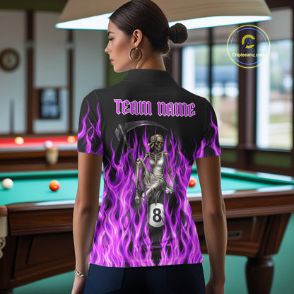 Female pool player wearing Purple Grim Reaper flame billiard jersey during APA league and BCA tournament