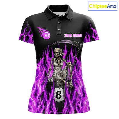 Purple Grim Reaper women's billiard polo shirt custom fire flame pool jersey, personalized billiards apparel