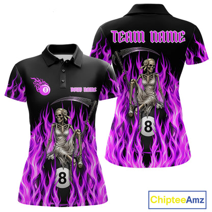 Purple Grim Reaper women's billiard polo shirt custom fire flame pool jersey, personalized billiards apparel