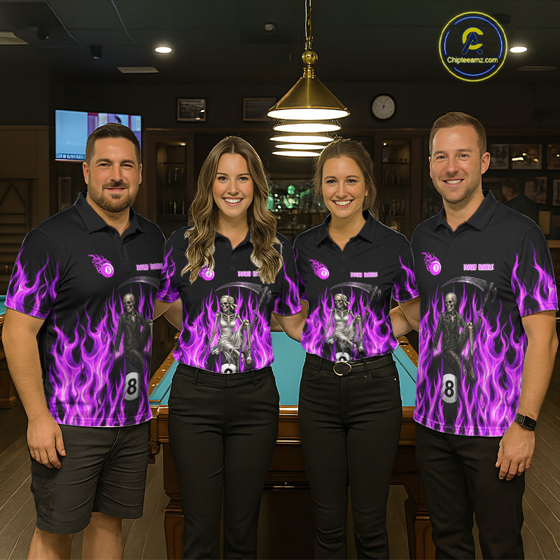 Men women billiard team wearing Purple Grim Reaper custom pool uniforms, professional billiard jersey