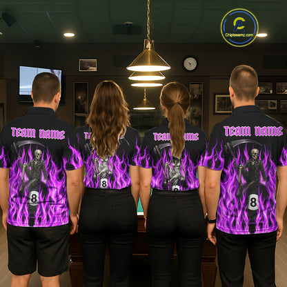 Men women billiard team wearing Purple Grim Reaper custom pool uniforms, professional billiard jersey