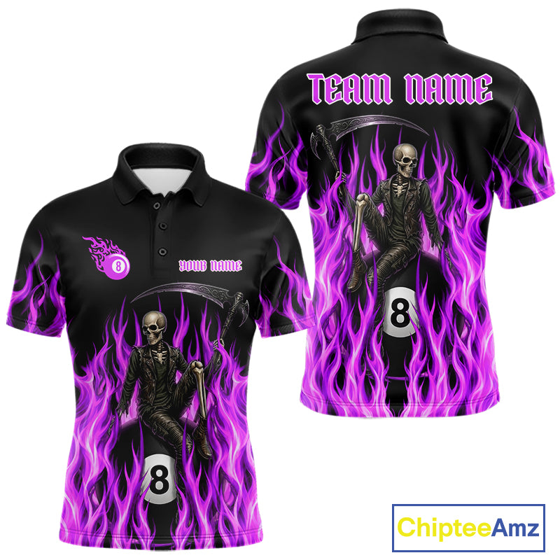 Purple Grim Reaper men's billiard polo shirt custom fire flame pool jersey, personalized billiards apparel