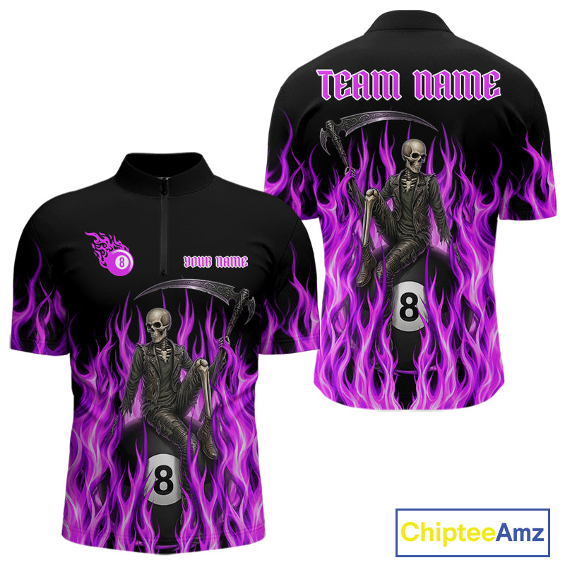Purple Grim Reaper men's quarter zip billiard shirt custom cue sports team jersey, tournament pool apparel