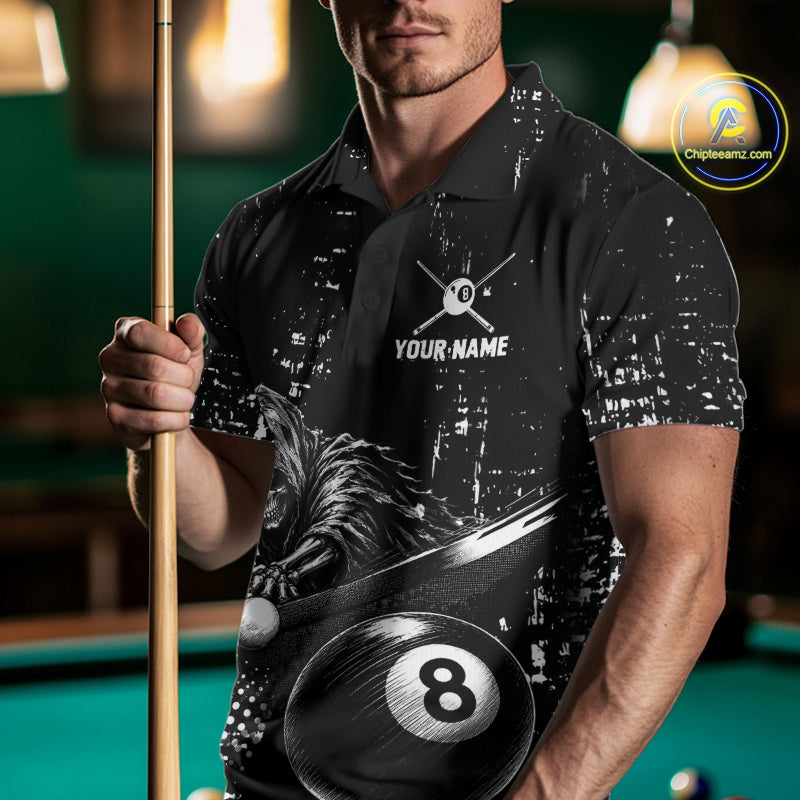 Male pool player wearing Grim Reaper Plays 8 Ball billiard jersey during APA league and cue sports competition