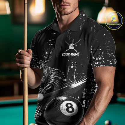 Male pool player wearing Grim Reaper Plays 8 Ball billiard jersey during APA league and cue sports competition