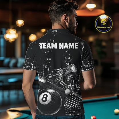 Male pool player wearing Grim Reaper Plays 8 Ball billiard jersey during APA league and cue sports competition