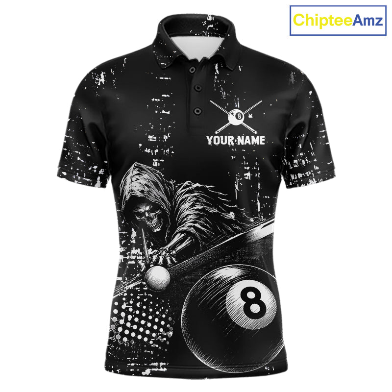 Grim Reaper Plays 8 Ball men's billiard polo shirt custom black white grunge pool jersey, personalized billiards apparel