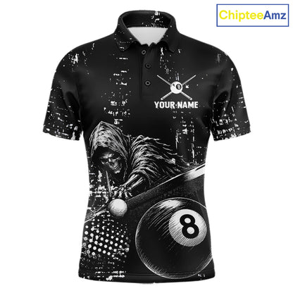 Grim Reaper Plays 8 Ball men's billiard polo shirt custom black white grunge pool jersey, personalized billiards apparel