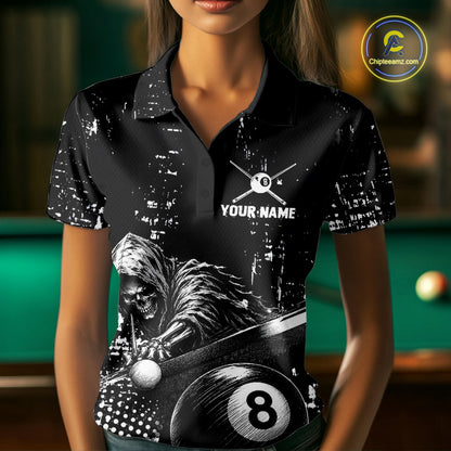 Female pool player wearing Grim Reaper Plays 8 Ball billiard jersey during APA league and cue sports competition