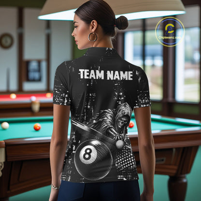 Female pool player wearing Grim Reaper Plays 8 Ball billiard jersey during APA league and cue sports competition