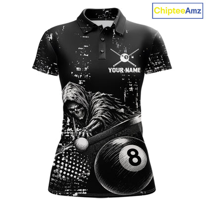Grim Reaper Plays 8 Ball women's billiard polo shirt custom black white grunge pool jersey, personalized billiards apparel