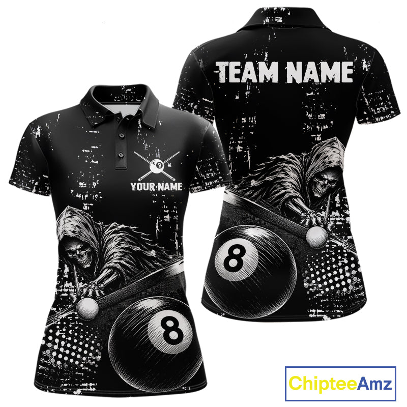 Grim Reaper Plays 8 Ball women's billiard polo shirt custom black white grunge pool jersey, personalized billiards apparel