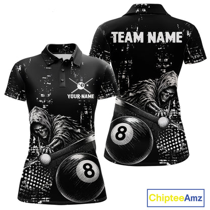 Grim Reaper Plays 8 Ball women's billiard polo shirt custom black white grunge pool jersey, personalized billiards apparel