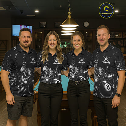 Men women billiard team wearing Grim Reaper Plays 8 Ball custom grunge pool uniforms, professional billiard jerseys