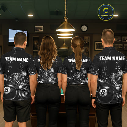 Men women billiard team wearing Grim Reaper Plays 8 Ball custom grunge pool uniforms, professional billiard jerseys