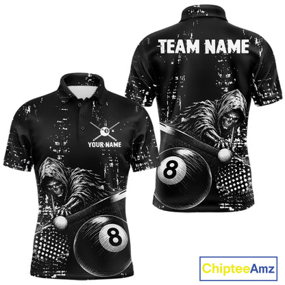 Grim Reaper Plays 8 Ball men's billiard polo shirt custom black white grunge pool jersey, personalized billiards apparel
