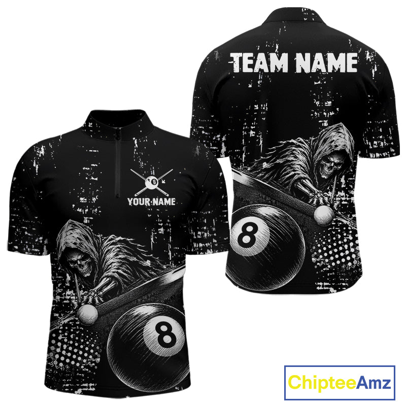 Grim Reaper Plays 8 Ball men's quarter zip billiard shirt custom grunge pool team jersey, tournament uniform