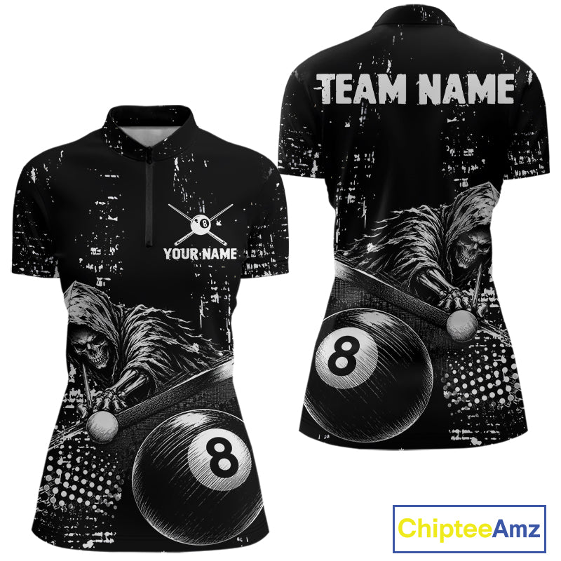 Grim Reaper Plays 8 Ball women's quarter zip billiard shirt custom grunge pool team jersey, tournament uniform