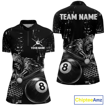 Grim Reaper Plays 8 Ball women's quarter zip billiard shirt custom grunge pool team jersey, tournament uniform