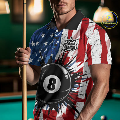 Male pool player wearing American Flag Strikes 8 Ball patriotic billiard jersey during league and tournament play, custom billiards apparel