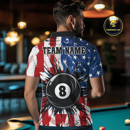 Male pool player wearing American Flag Strikes 8 Ball patriotic billiard jersey during league and tournament play, custom billiards apparel