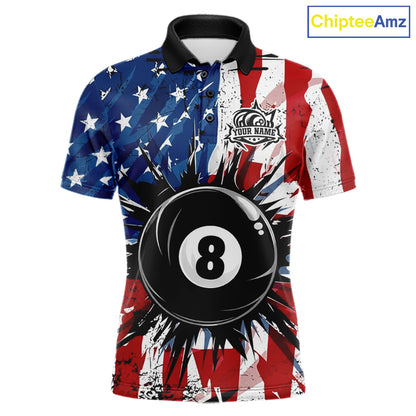 American Flag Strikes 8 Ball men's billiard polo shirt custom patriotic pool jersey, personalized USA billiards team apparel, custom pool team uniform, APA league shirt