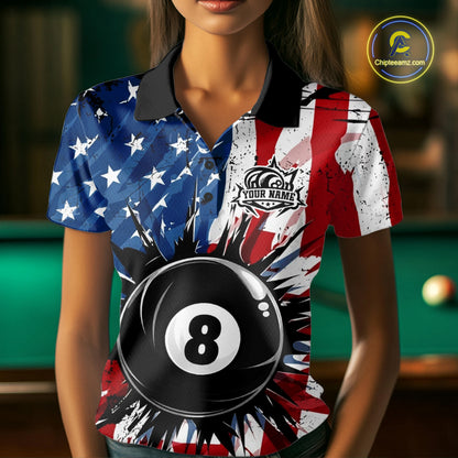Female pool player wearing American Flag Strikes 8 Ball patriotic billiard jersey during league and tournament play