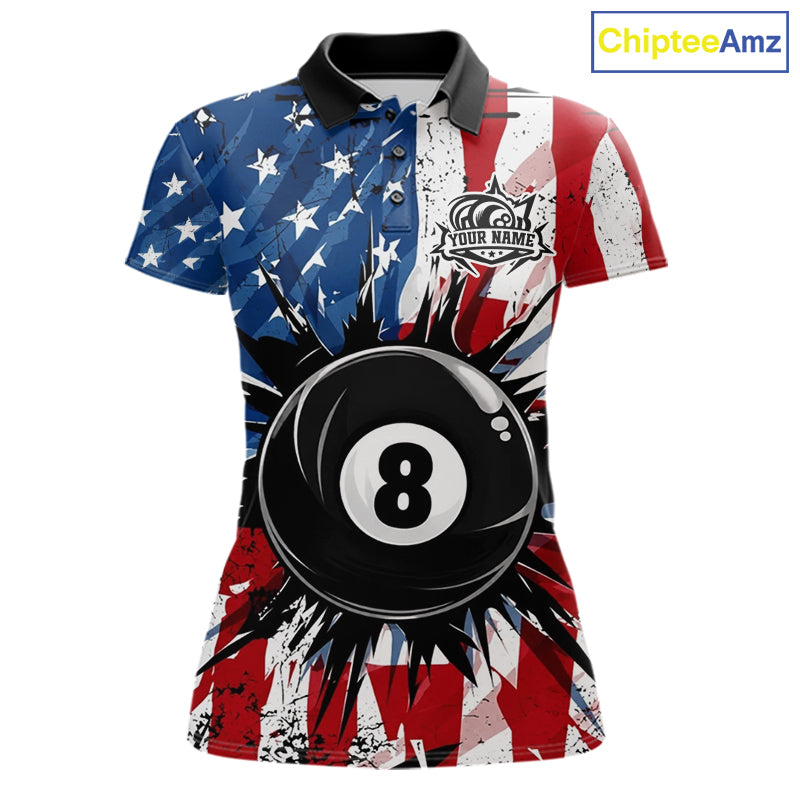 American Flag Strikes 8 Ball women's billiard polo shirt custom patriotic pool jersey, personalized USA billiards team apparel