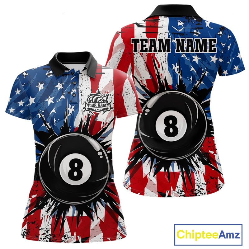 American Flag Strikes 8 Ball women's billiard polo shirt custom patriotic pool jersey, personalized USA billiards team apparel