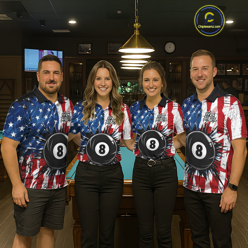 Men women billiard team wearing American Flag Strikes 8 Ball custom patriotic pool uniforms, USA billiards team jerseys