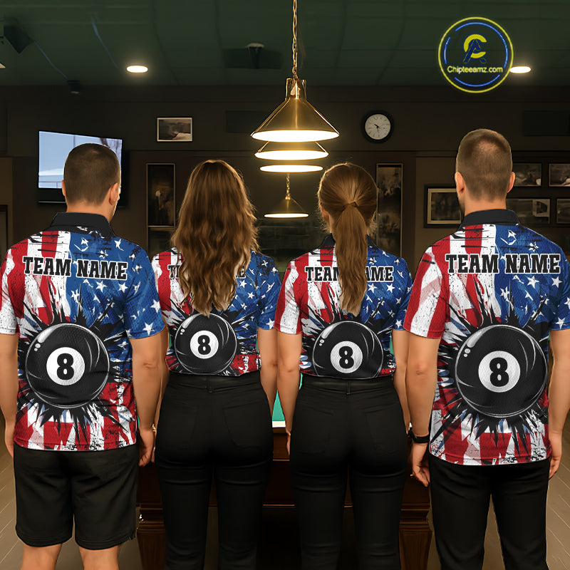 Men women billiard team wearing American Flag Strikes 8 Ball custom patriotic pool uniforms, USA billiards team jerseys