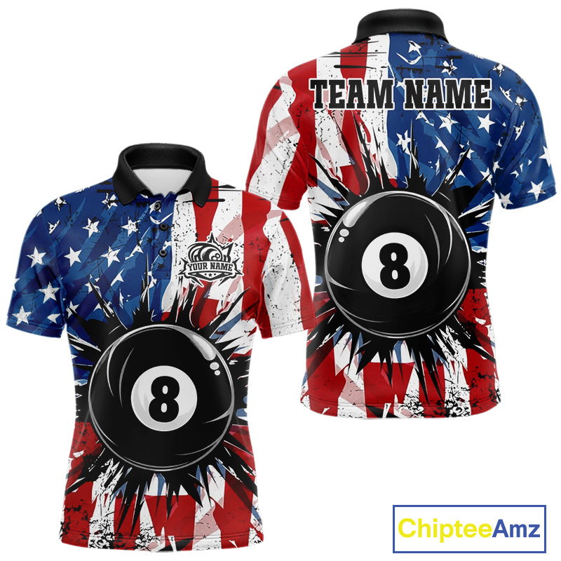 American Flag Strikes 8 Ball men's billiard polo shirt custom patriotic pool jersey, personalized USA billiards team apparel, custom pool team uniform, APA league shirt