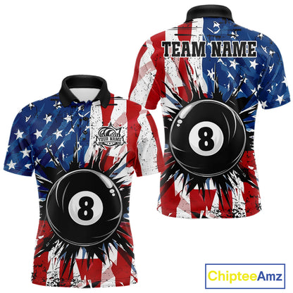American Flag Strikes 8 Ball men's billiard polo shirt custom patriotic pool jersey, personalized USA billiards team apparel, custom pool team uniform, APA league shirt