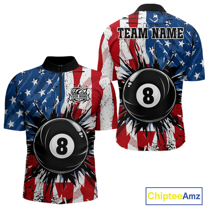 American Flag Strikes 8 Ball men's quarter zip billiard shirt custom patriotic team jersey, professional cue sports uniform, BCA tournament apparel