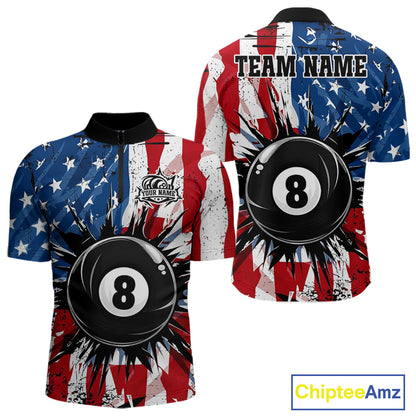 American Flag Strikes 8 Ball men's quarter zip billiard shirt custom patriotic team jersey, professional cue sports uniform, BCA tournament apparel